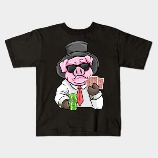 Pig at poker with Poker cards and Poker chips Kids T-Shirt